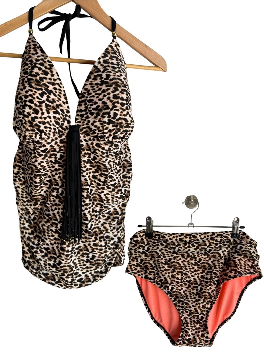 Aqua Leopard Print Tankini + Bottoms Sz L Swimsuit Halter High Waisted Sexy EUC